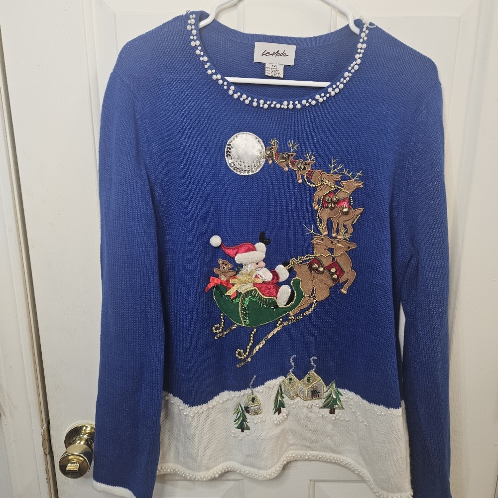LeModa Long Sleeve  Embroidered Christmas Sweater With Santa And Reindeer Large